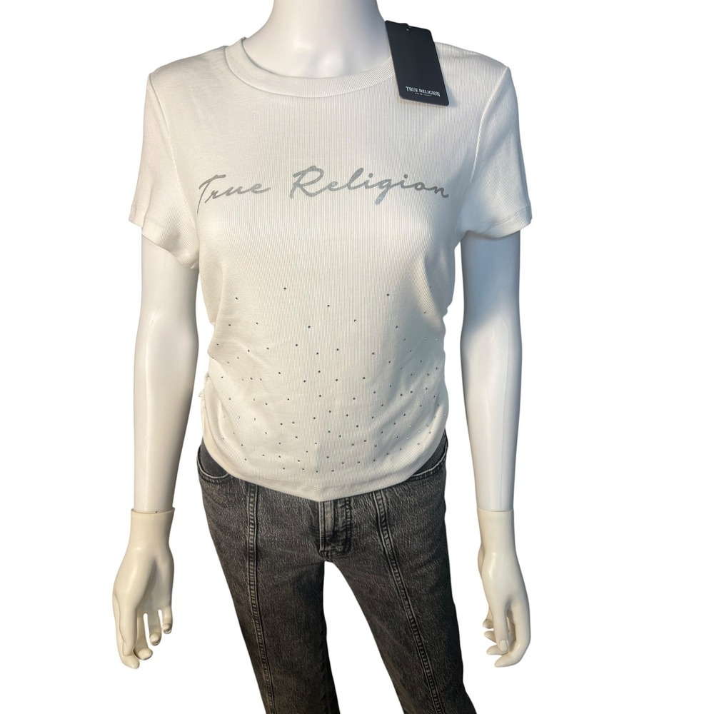 True Religion Womens White Ribbed Rhinestone Logo Ruched Side TeeShirt Large NEW